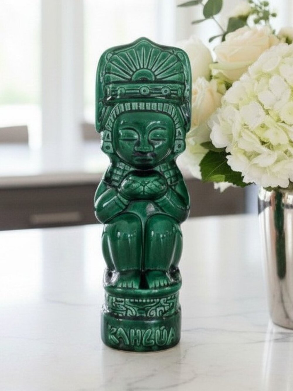 Vintage Mid-Century Kahlúa Tiki Decanter Teal Blue Authentic 1970s Barware Decor
